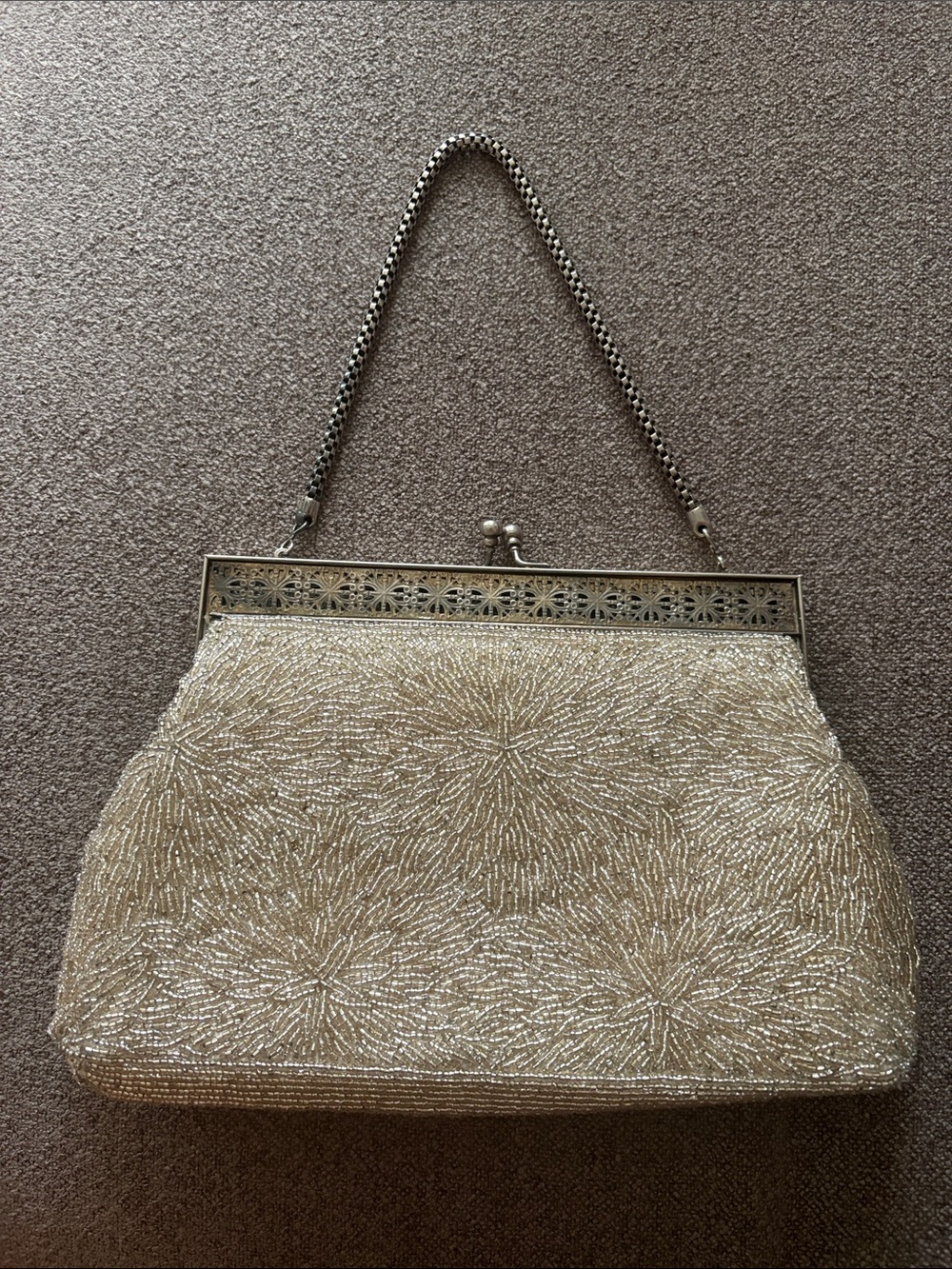 Vintage Beaded Clutch Ivory Silver Bead Embellished Kiss Snap Closure